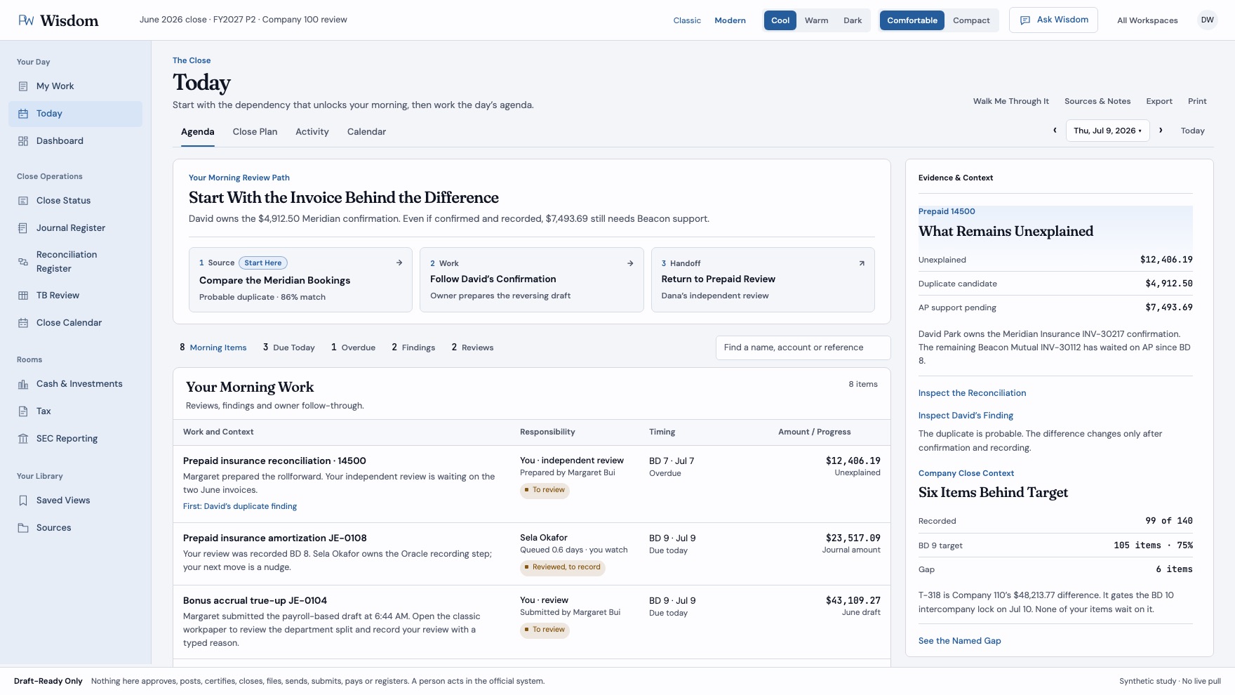 The Newer Design, in development: the Today page with the morning review path, the day's work, and the evidence rail.