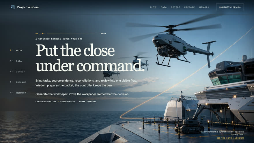 The first presentation: a still scene of flight operations at sea behind the opening headline.