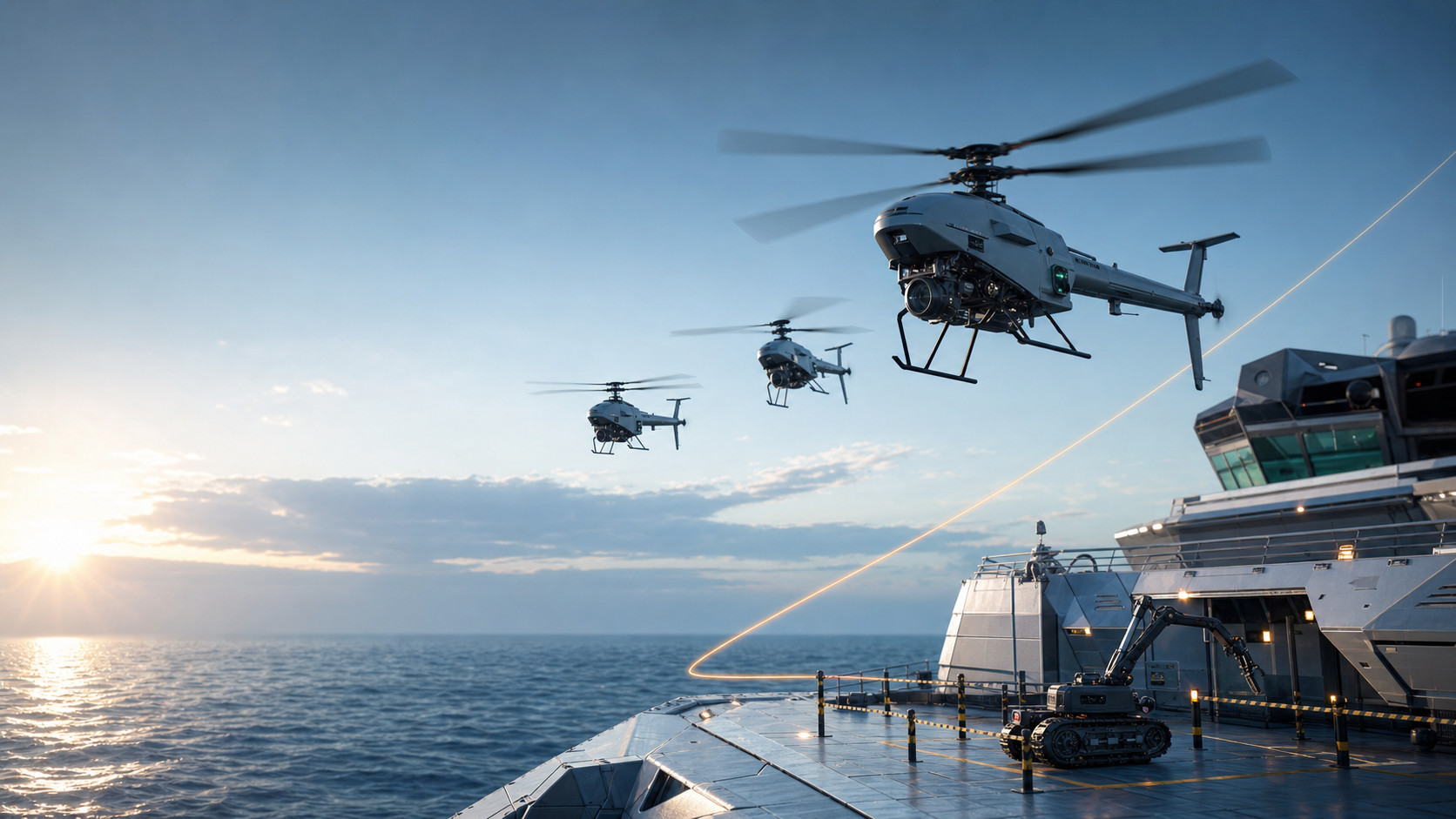 Airborne small and midsize rotary-wing UAV operations and an EOD robot on a sea platform.