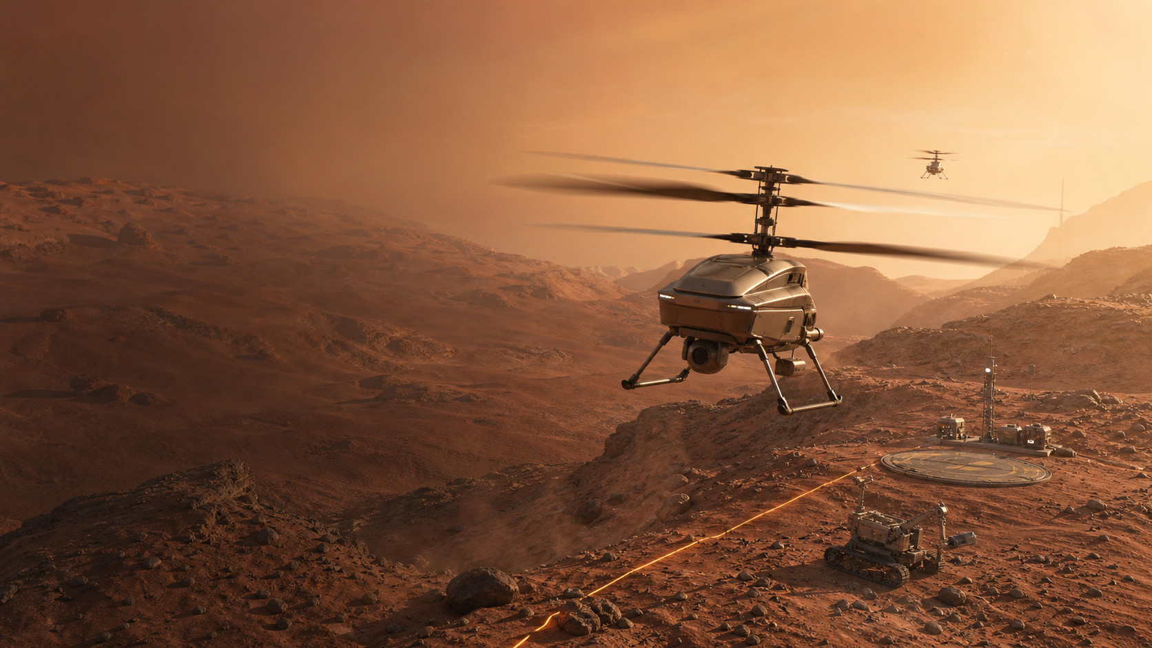 Mars rotorcraft conducting a controlled operational-readiness rehearsal.