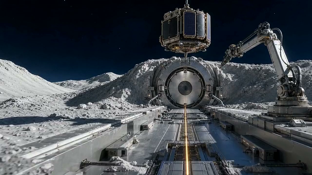 A lunar foundry: a rail line running toward a vault aperture while an arm sets a module in place.